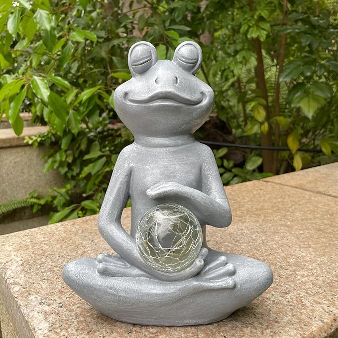 Solar Yoga Frog Garden Statue - Meditating Zen Frog Outdoor Decor with LED Light