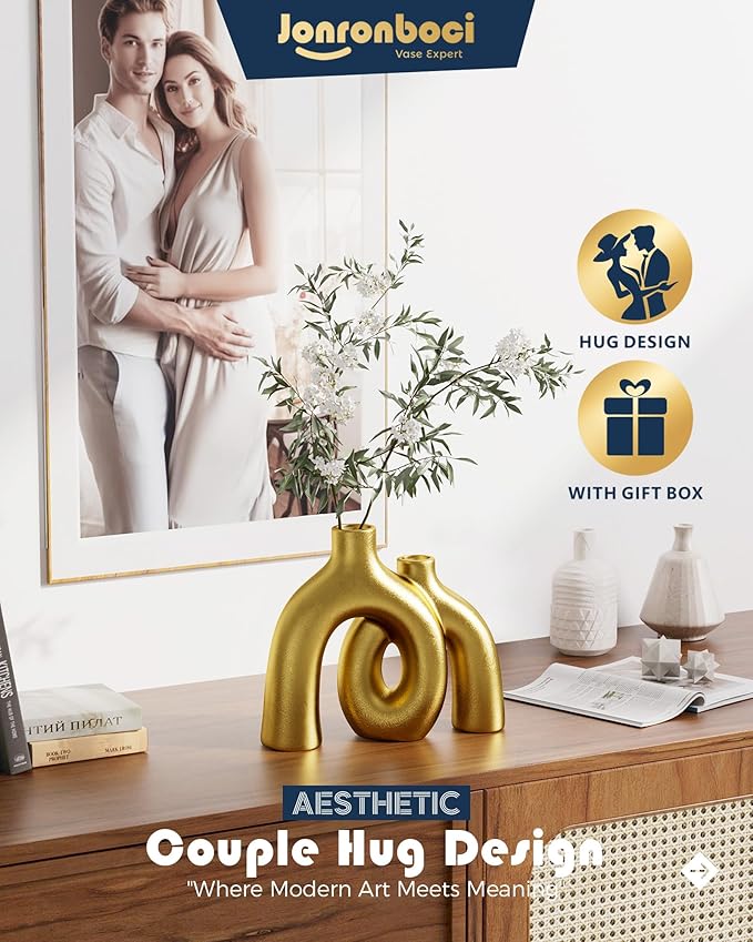 Matte gold ceramic couple hug vase with central circular loop opening