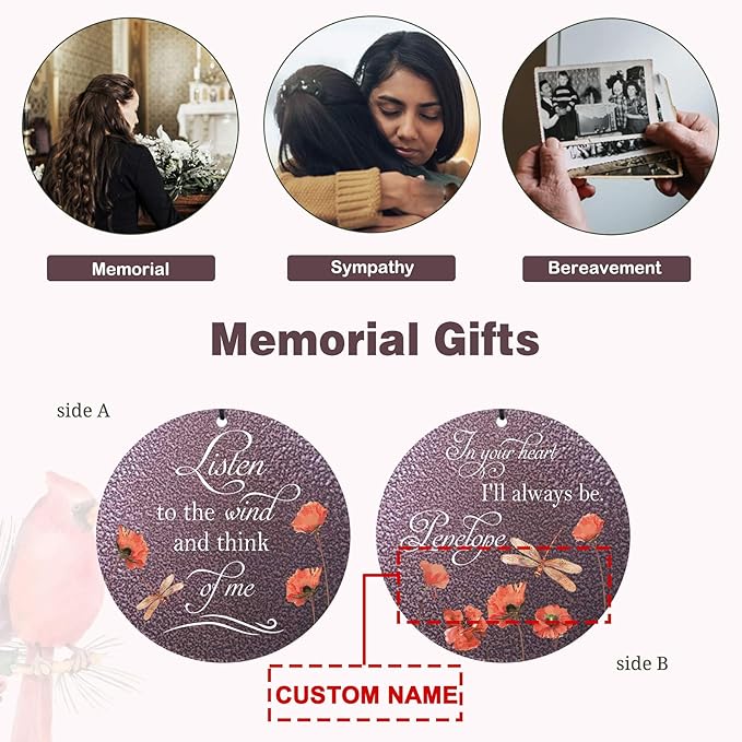 Memorial wind chime with two round floral message discs and a custom name area
