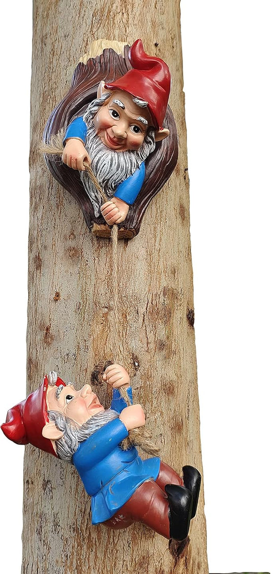 Climbing gnome tree hugger figurines peeking from a tree trunk with red hats