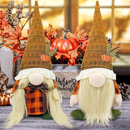 Pair of plush fall gnomes with tall patterned hats, orange plaid outfits, and white beards