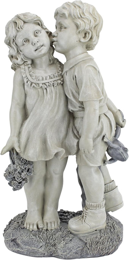 Young Sweethearts Kissing Children Garden Statue - Hand-Cast Crushed Stone Resin Outdoor Sculpture