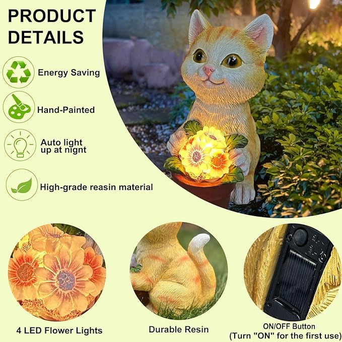 Solar Cat Garden Statue with Flower Pot - IP44 Resin Outdoor Decor