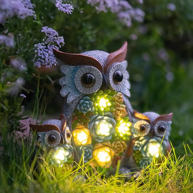 Solar Owl Garden Statue with Succulent LED Lights - IP65 Resin Outdoor Decor