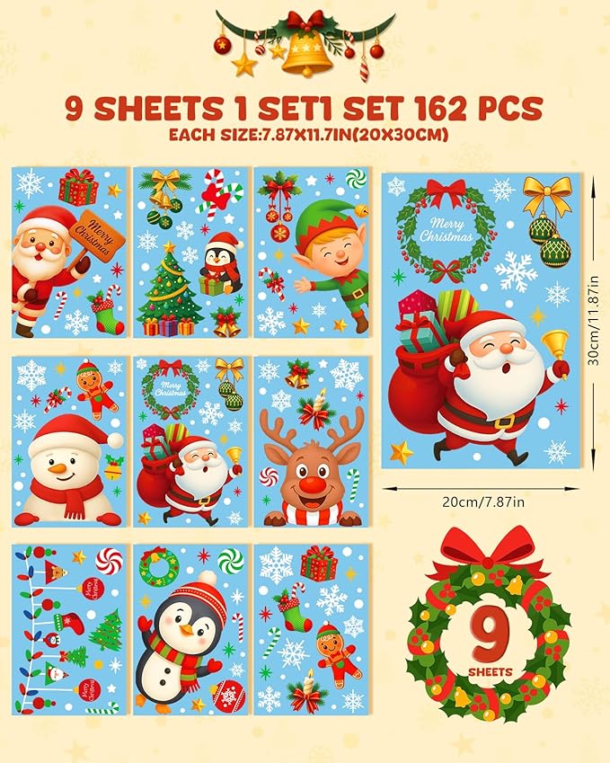 Christmas window cling sticker set, 9 sheets showing 162 winter character designs