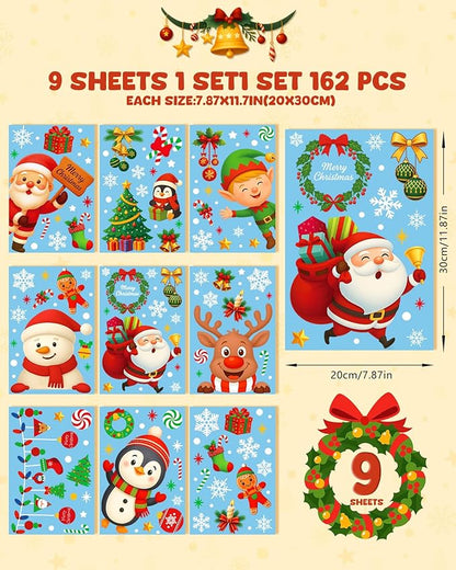 Christmas window cling sticker set, 9 sheets showing 162 winter character designs
