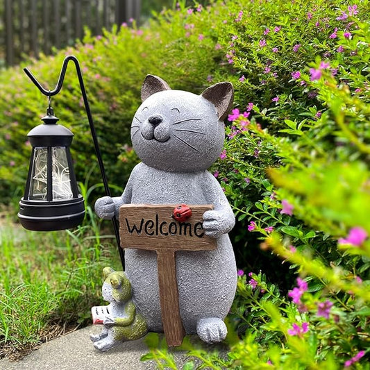 Cat Solar Garden Statue with Lantern and Welcome Sign - IP44 Resin Decor