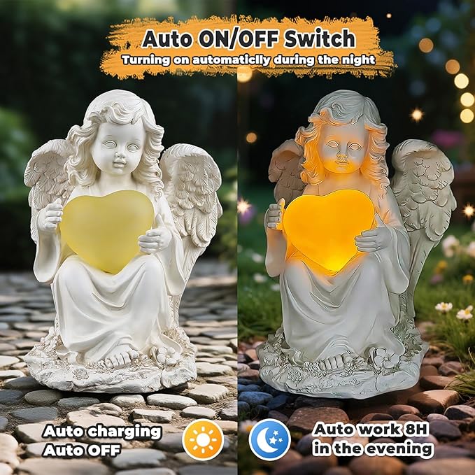 Solar Angel Garden Statue with Glowing Heart - Resin Outdoor Memorial and Love Decor