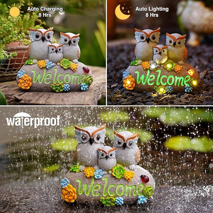 Solar Owl Garden Statue with Welcome Sign and Luminous Paint - Resin Outdoor Decor Gift