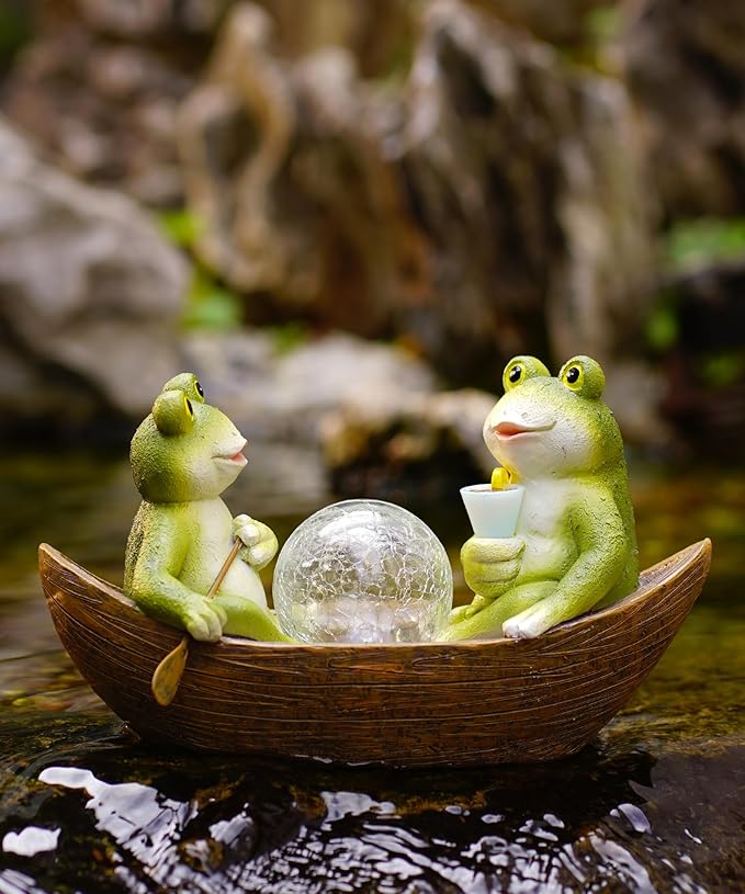 Solar Frogs in a Boat Garden Statue - IP44 Waterproof Resin Outdoor Sculpture and Yard Decor