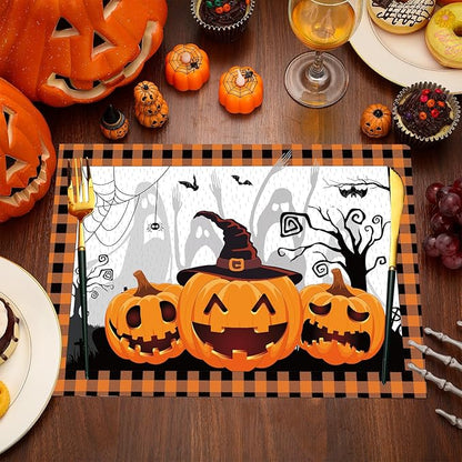 Halloween paper placemat with black-and-orange plaid border and jack-o'-lantern scene