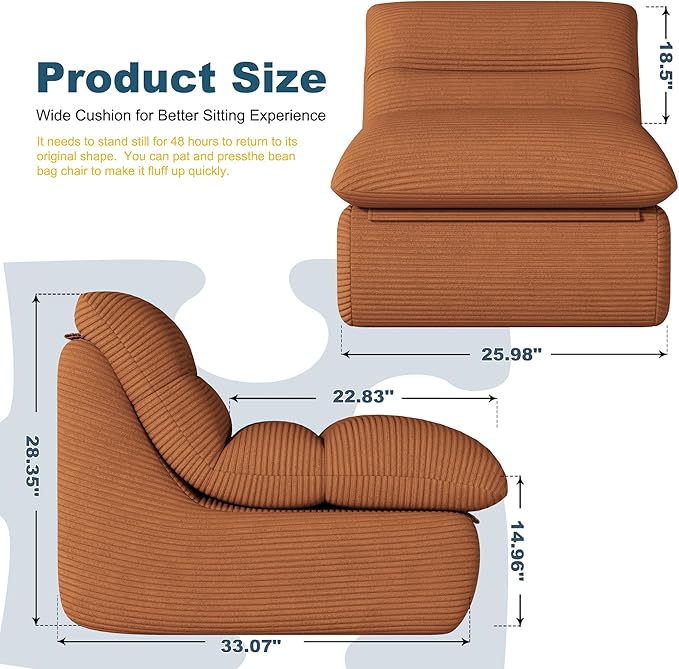 Terracotta Corduroy Ergonomic Floor Lounge Chair - Structured Memory Foam Seat with Lumbar Support for Boho Nursery, Reading, and Warm Interiors