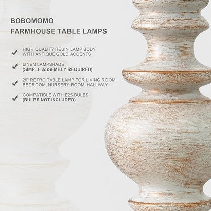 Farmhouse table lamp with whitewashed resin base and beige linen shade