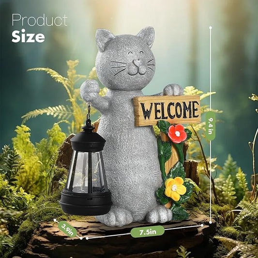 Cat Solar Garden Statue with Lantern and Welcome Sign - IP65 Resin Decor
