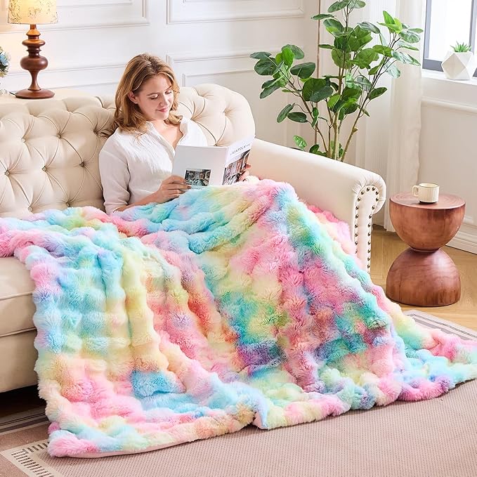 Rainbow Bubble Faux Fur Queen Blanket – 90"x90" | 800GSM Big Bubble Rabbit Fluff | Thick Plush Shaggy Bed Blanket for Queen Beds