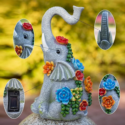 Solar Elephant Garden Statue with 8 LED Lights - Waterproof Resin Outdoor Decor