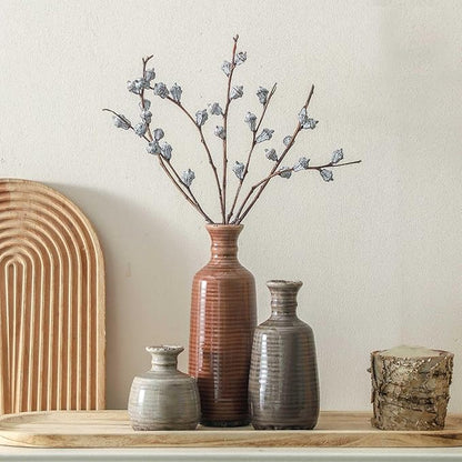 Set of 3 fluted ceramic vases with dried stems, terracotta brown and stone-gray