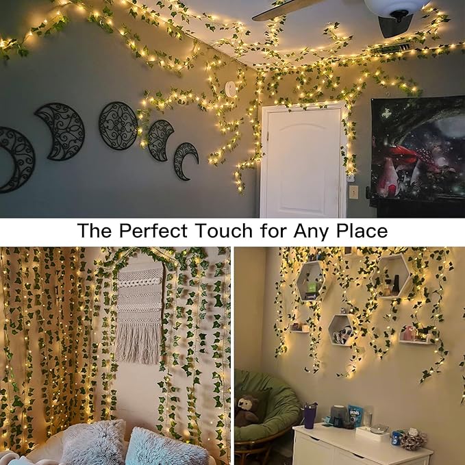 Ivy Vine Curtain Lights – 6.5ft x 6.5ft 200 LED Warm White | Copper Wire | Pre-Attached Leaf Curtain | Remote Timer 8 Modes | Bedroom Dorm Wedding Party Wall