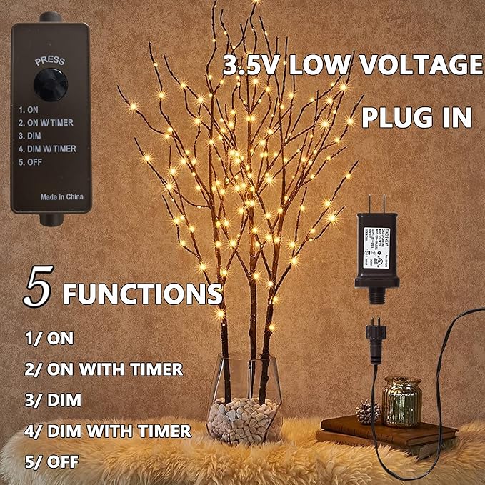 Lighted Twig Branch for Vase – 32" 150 LED Warm White | Flexible Willow Branches Timer & Dimmer | Wedding Centrepiece Christmas Holiday Party Decor