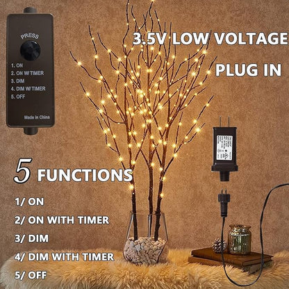 Lighted Twig Branch for Vase – 32" 150 LED Warm White | Flexible Willow Branches Timer & Dimmer | Wedding Centrepiece Christmas Holiday Party Decor