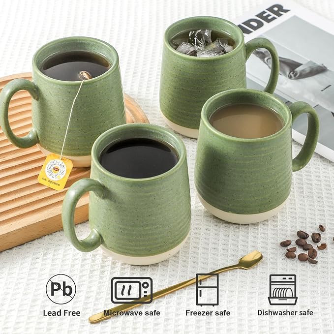 Emerald Green Porcelain Coffee Mugs – Set of 4 | 15oz Large Latte Cups with Handle | Dishwasher & Microwave Safe | Coffee Gift Set