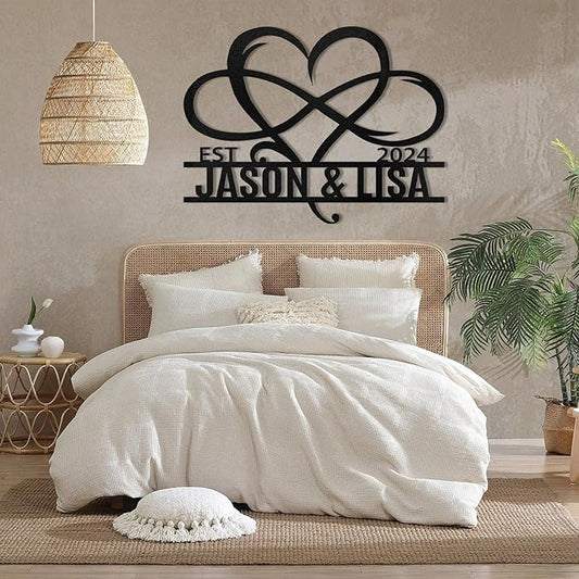 Black infinity heart wall sign with EST, Jason & Lisa, 2024