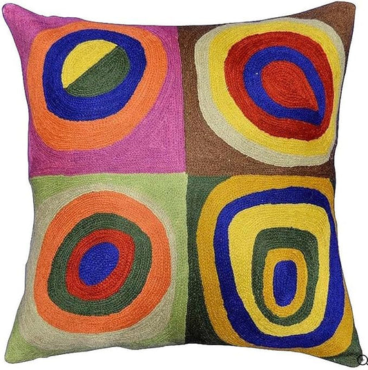 Wool pillow cover with colorful abstract circle-square geometric design, multicolor