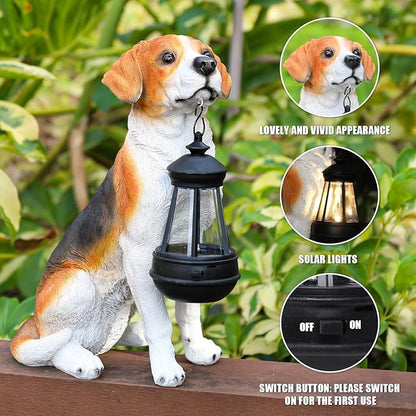 Solar Beagle Dog Garden Statue with Lantern - 11.8-Inch Resin Outdoor Decor
