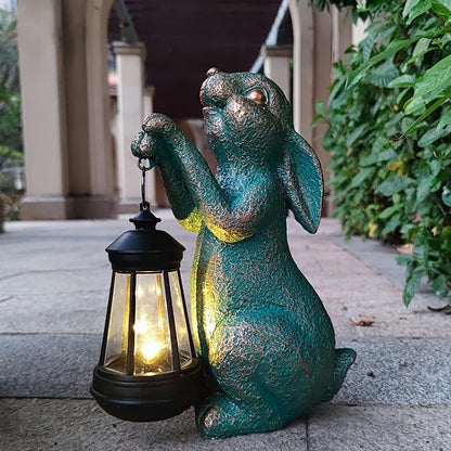 Solar Rabbit Garden Statue Holding Lantern - Resin Outdoor Decor with Warm Welcoming Glow