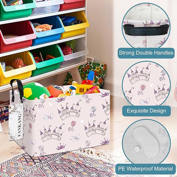 Princess Castle Foldable Storage Bin – 14.9"x10.2"x9" | Waterproof Canvas | Kids Toy Laundry Basket for Nursery Bedroom & Playroom