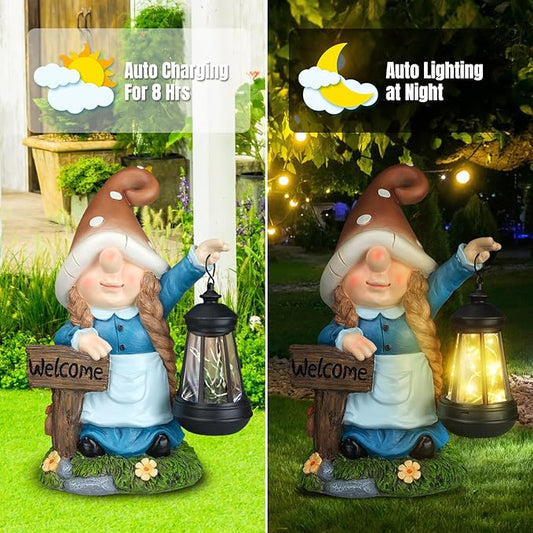 Solar gnome statue with welcome sign and LED lantern, shown in daylight and at night