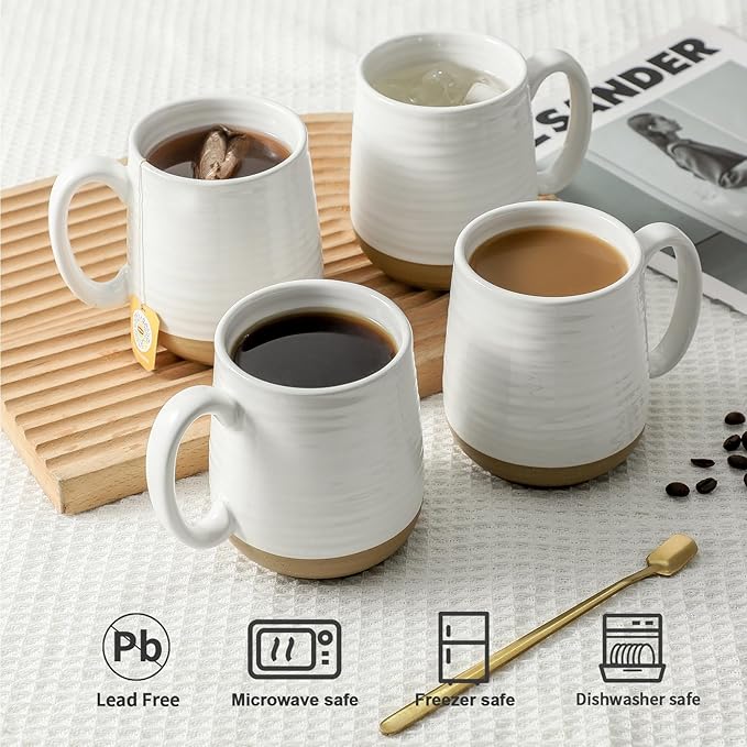 White ceramic coffee mug set with handles and gold base ring, with dishwasher and microwave icons