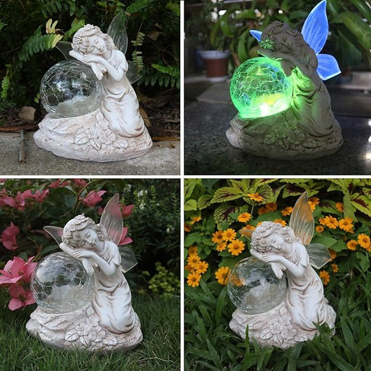 Solar Angel Garden Statue with Color-Changing Crackle Globe - Resin Outdoor Decor for Lawn, Patio, Yard, Balcony, and Garden