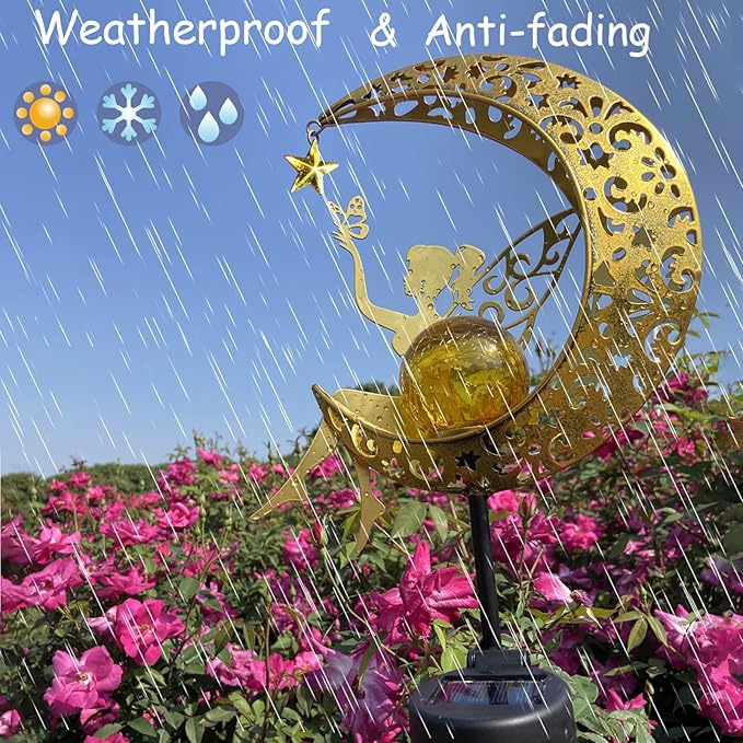 Gold crescent moon angel solar yard stake light with warm globe glow and star details