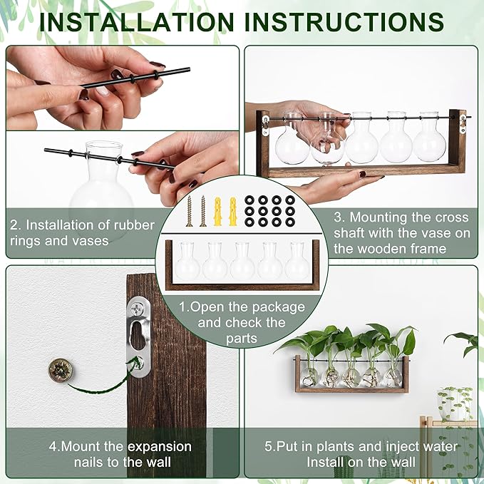 Wall-mount plant propagation station with glass bulb vases and brown wooden frame
