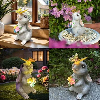Solar Bunny Garden Statue with LED Light - IP44 Waterproof Resin Outdoor Rabbit Decor