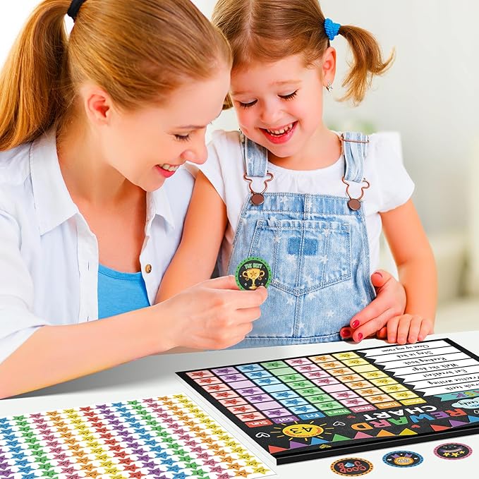 Kids using reward chore chart sheet with colorful task squares and round reward stickers