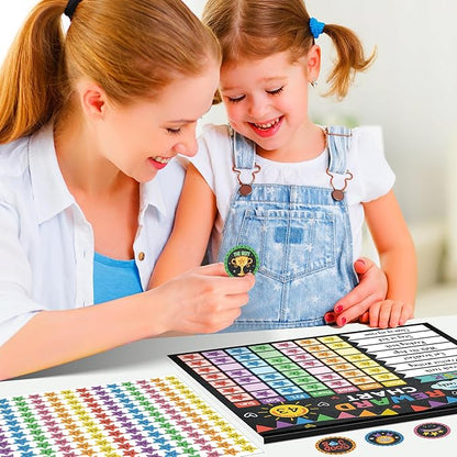 Kids using reward chore chart sheet with colorful task squares and round reward stickers