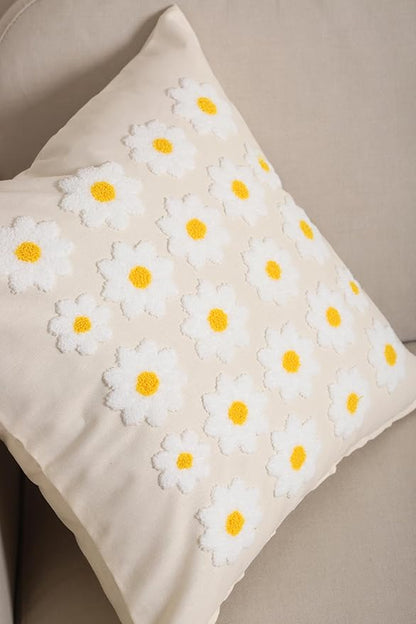 Daisy accent pillow cover, cream white with embroidered white flowers and yellow centers