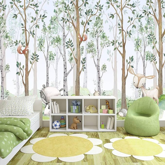Kids' Watercolor Forest Cartoon Animal Wall Mural, 170 x 110 Inches – Nursery & Boys' or Girls' Bedroom Wallpaper, 8 Panels, Not Peel and Stick