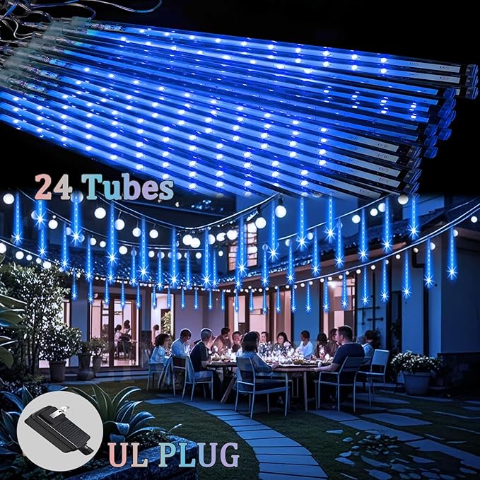 Blue 24-tube meteor shower lights with UL plug for outdoor event canopy