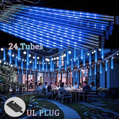 Blue 24-tube meteor shower lights with UL plug for outdoor event canopy