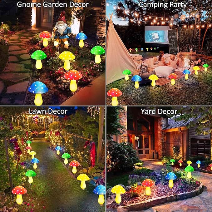 Solar mushroom LED lights in mixed colors arranged across garden beds