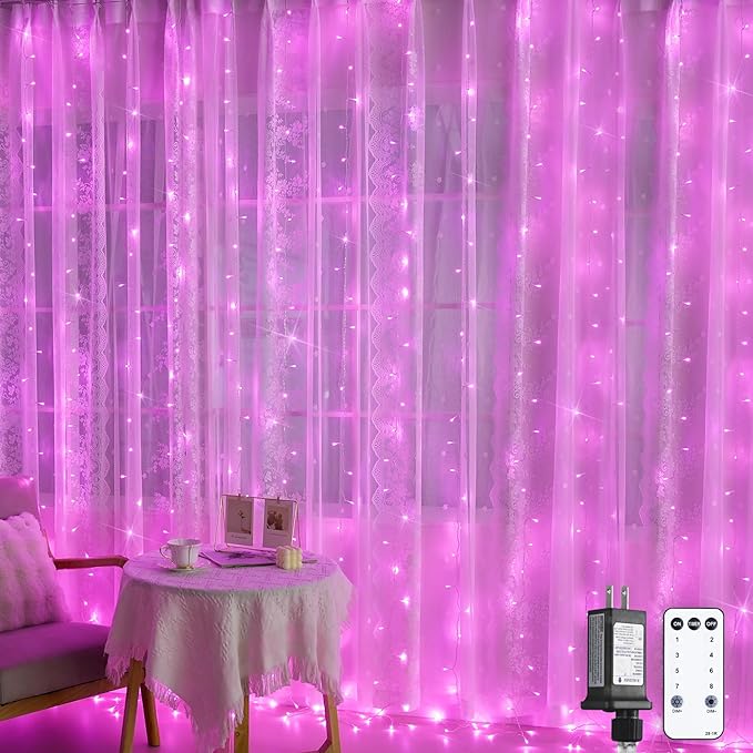 Pink LED curtain string lights with vertical hanging light strands