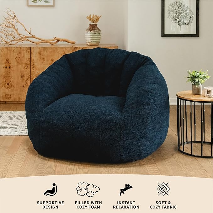 Deep Navy Boucle Cloudberry Cocoon Bean Bag Chair - Giant Structured Round Lounge Chair for Nursery, Reading, and the Most Enveloping Seat in the House