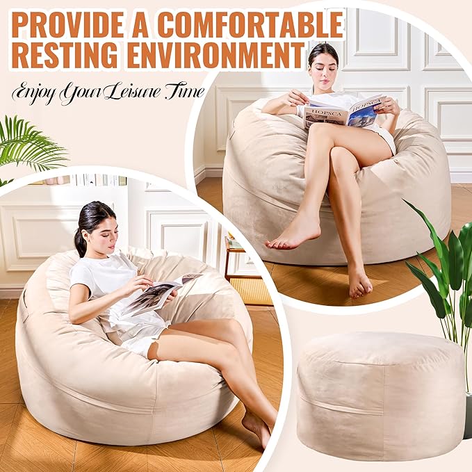 4ft Sand Linen Velvet Bean Bag Chair - Warm Neutral Sponge Fill Lounger for Boho, Scandi, and Family Rooms