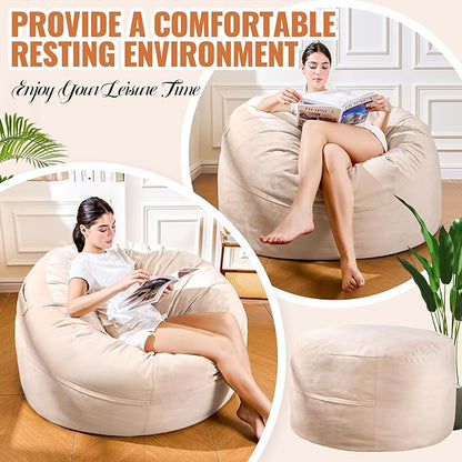 4ft Sand Linen Velvet Bean Bag Chair - Warm Neutral Sponge Fill Lounger for Boho, Scandi, and Family Rooms