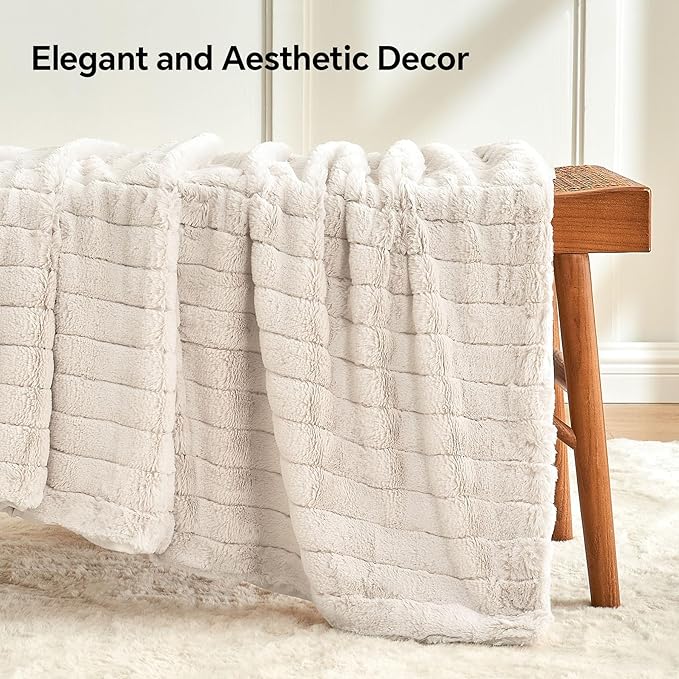 Beige Faux Rabbit Fur Throw Blanket – 50"x60" | 450GSM Wide Ribbed Shearling | Minimalist Luxury Plush Personal Couch Throw