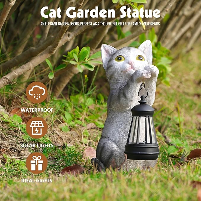British Shorthair Cat Solar Garden Statue with Lantern - Weather-Resistant Resin Decor