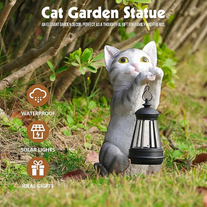 British Shorthair Cat Solar Garden Statue with Lantern - Weather-Resistant Resin Decor